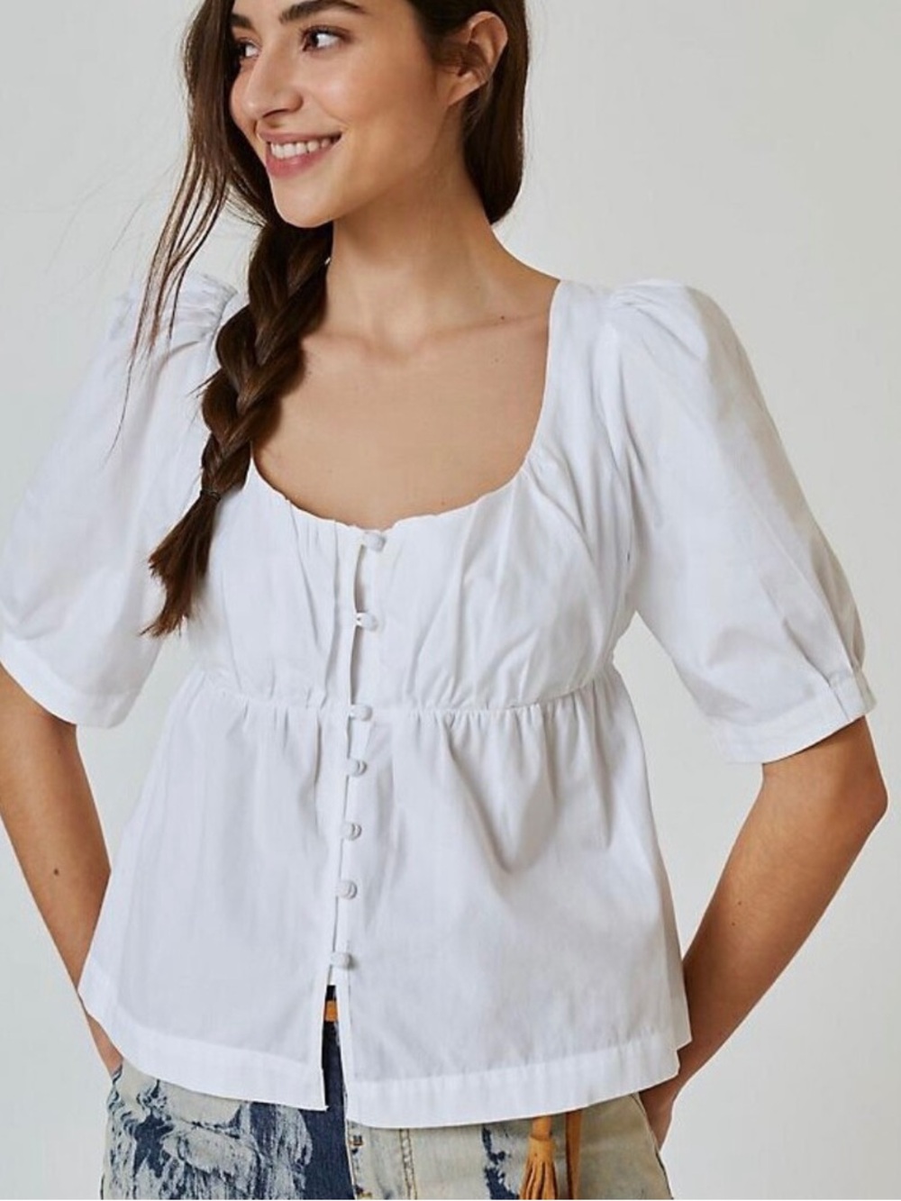 Anthropologie White Puff Short Sleeve Sweetheart Peplum Blouse Top S Cottagecore